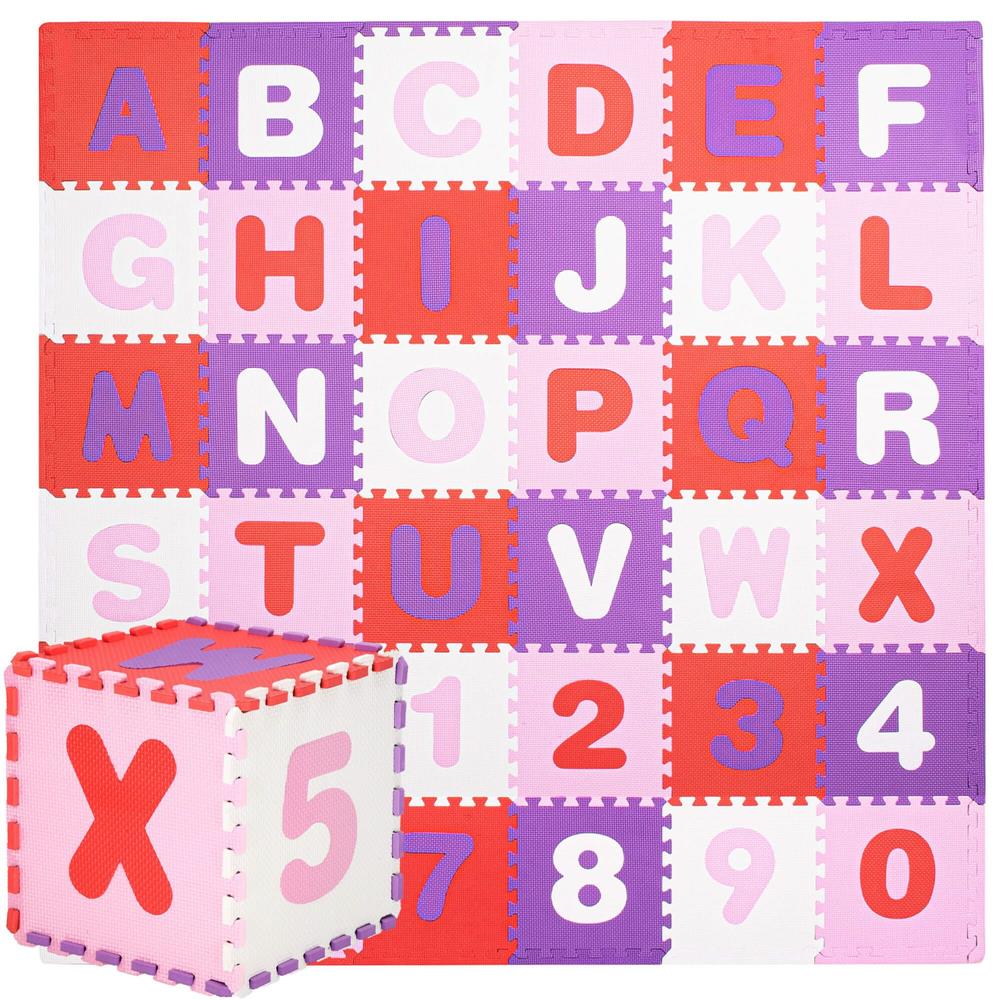 Covor din spuma pentru copii, tip puzzle cifre si litere, 36 piese, 175×175 cm, multicolor