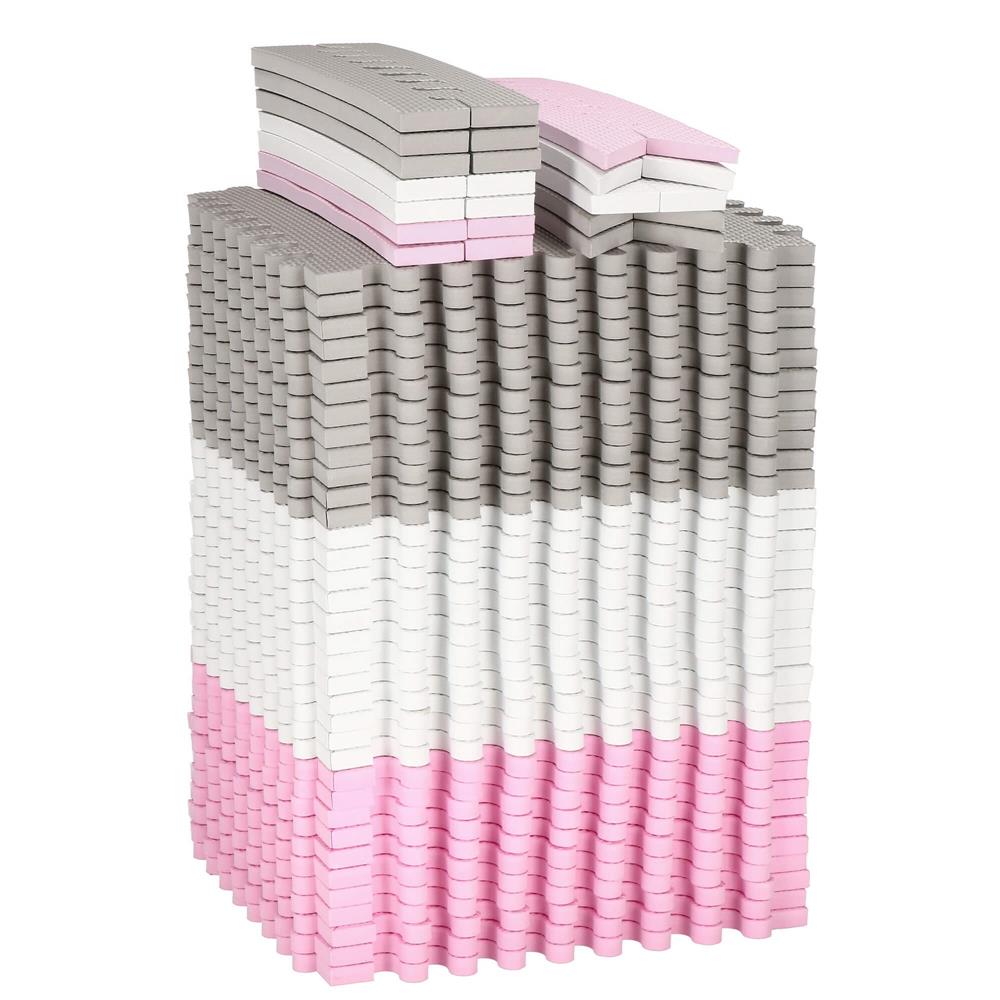 Covor din spuma pentru copii, tip puzzle triunghiuri, 96 piese,186×186 cm, gri roz
