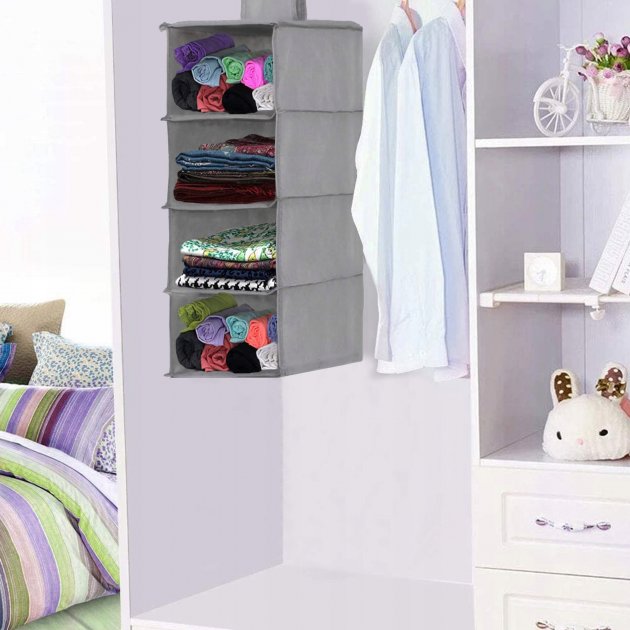Organizator dulap Sersimo, 4 compartimente, textil, 80cm, gri