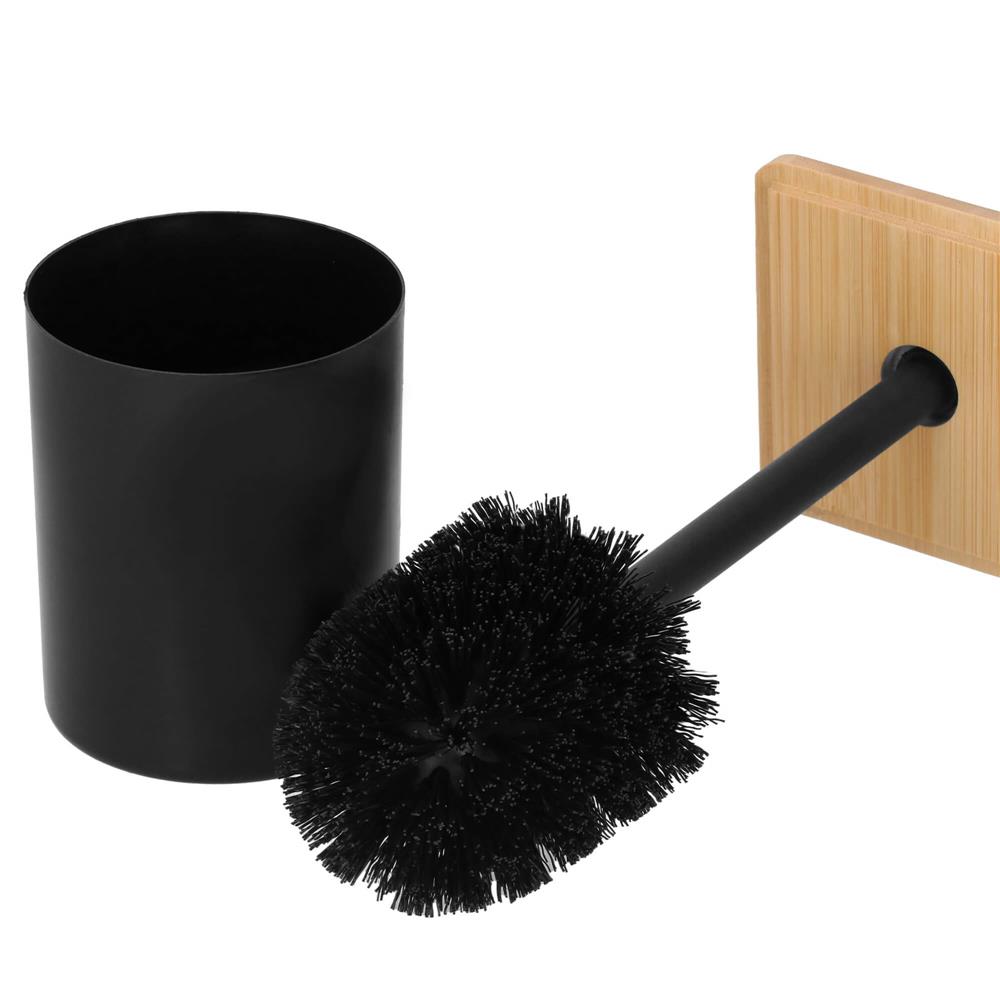 Perie WC cu rezervor detasabil si capac, din metal si bambus, 40 cm, negru