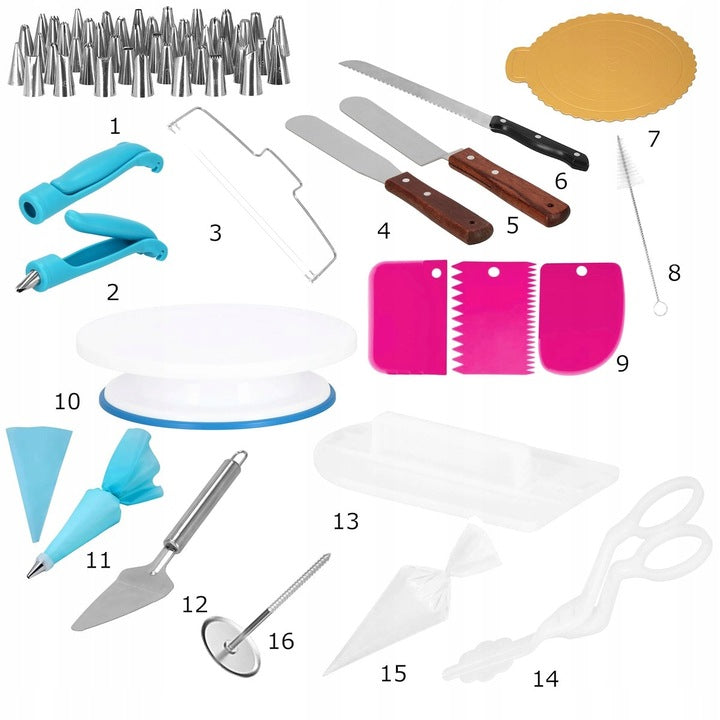Set patiserie cu platou rotativ, 124 piese cu sabloane pentru ornarea prajiturilor