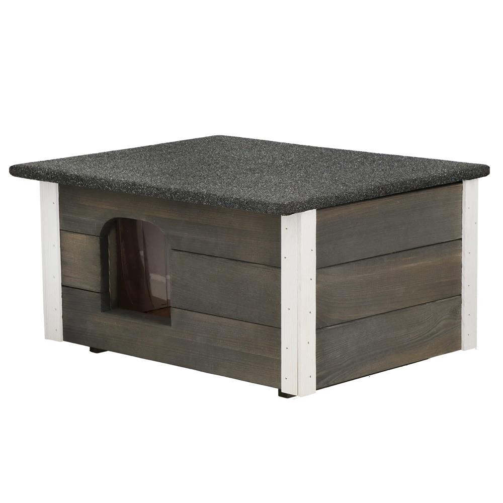 Cusca din lemn pentru caini de talie mica, izolata cu polistiren, capac cu balamale, 56x46x30cm, gri