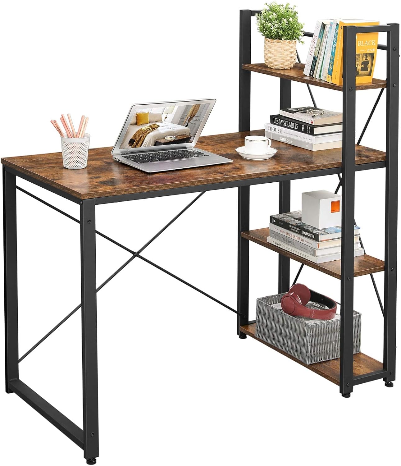 VASAGLE Birou cu raft lateral, montare stanga sau dreapta, industrial, 56x120x120 cm, maro - 9