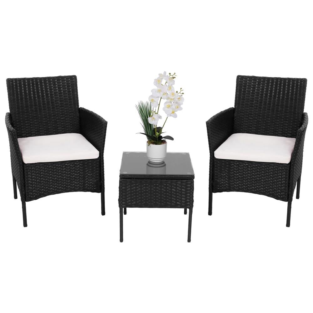 Set mobilier terasa, din tehnorattan, masa cu blat sticla securizata, 2 fotolii cu perne, negru