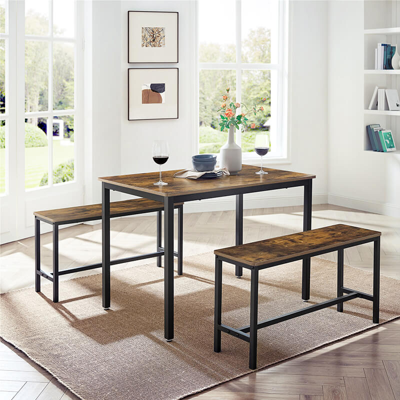 VASAGLE Masa de bar cu 2 banci, design industrial, 110x70x75 cm, maro rustic