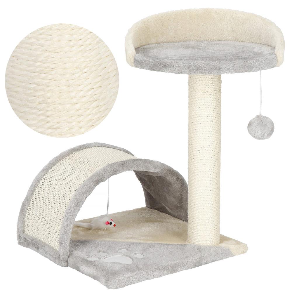Ansamblu de joaca pentru pisici, cu loc pentru zgariat, culcus, minge, 47cm, crem