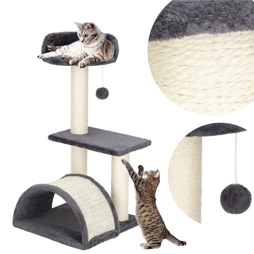 Ansamblu de joaca pentru pisici, cu loc pentru zgariat, ascuns, culcus, minge, 67cm, crem