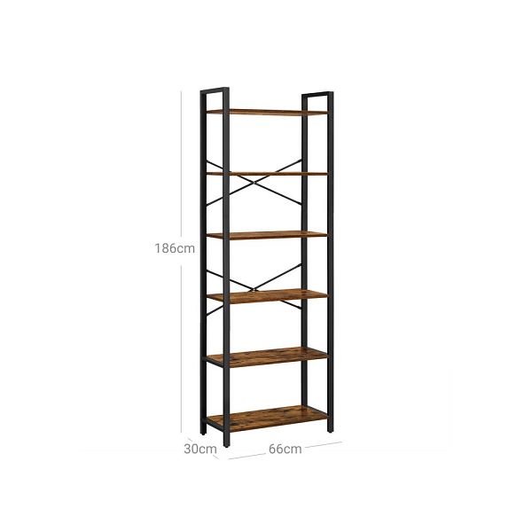 VASAGLE Biblioteca cu cadru otel si 6 polite, stil industrial, 66x30x186cm, maro rustic si negru
