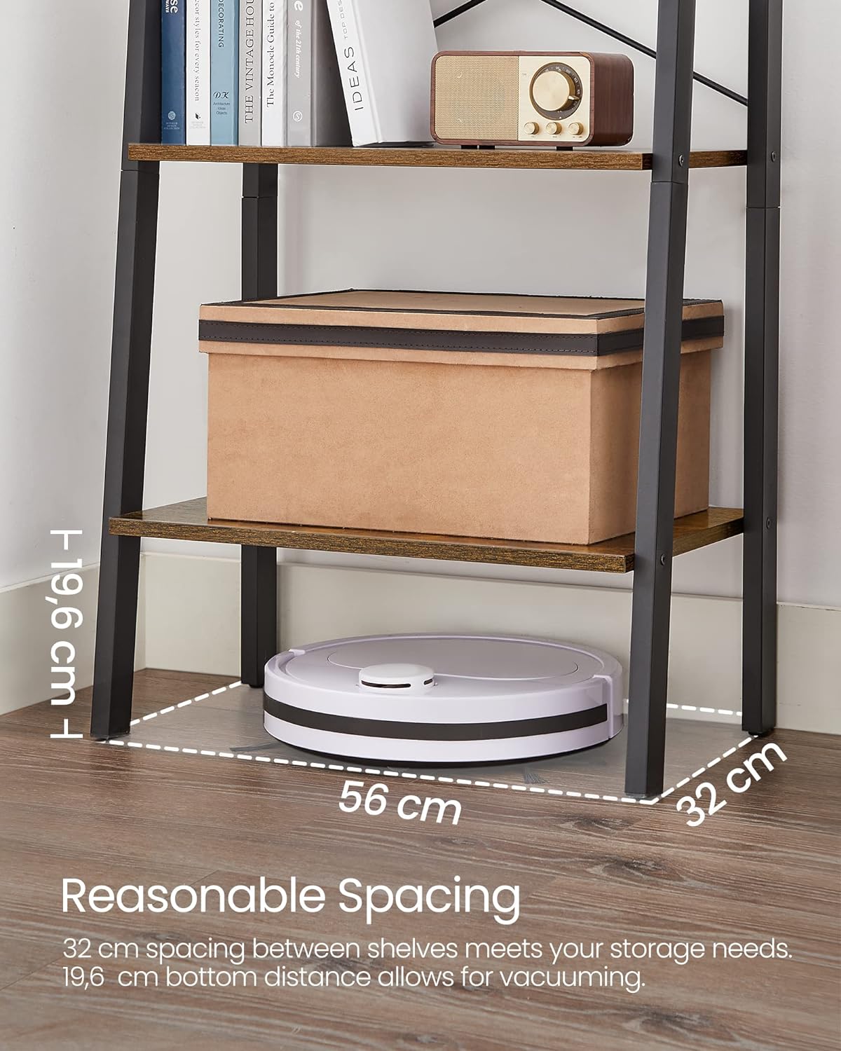 VASAGLE Biblioteca tip scara, cadru otel cu 5 polite din MDF, stil industrial, 56x34x172cm, maro rustic si negru