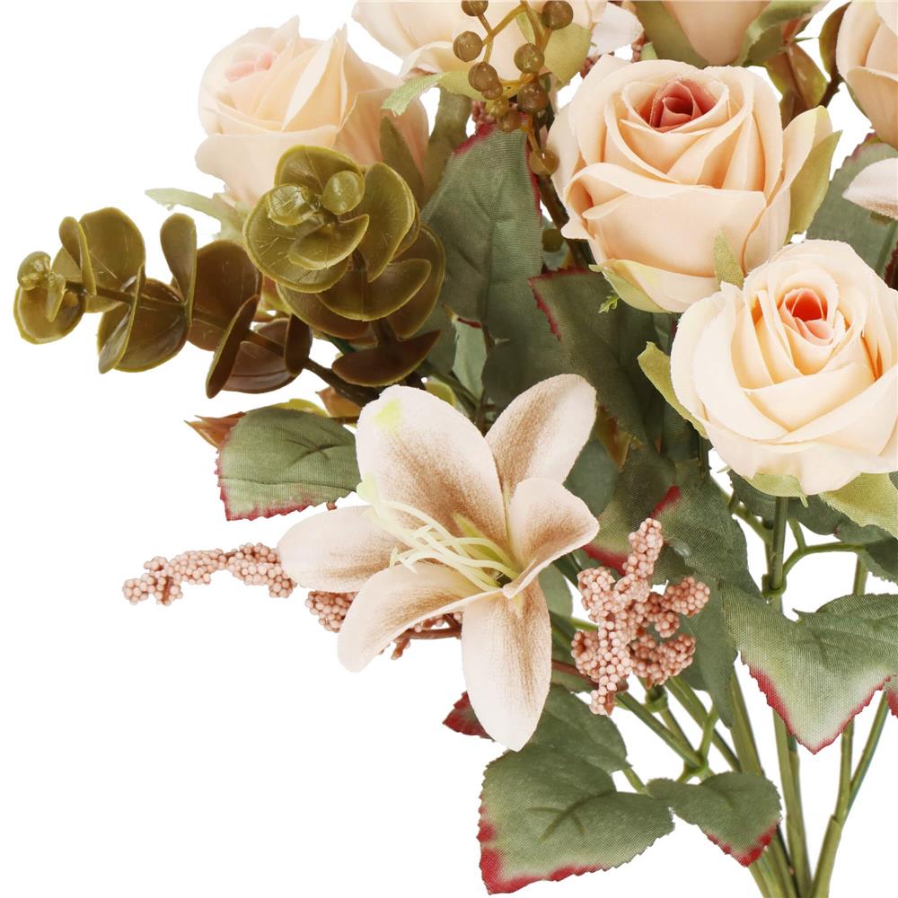 Buchet de flori artificiale din poliester, 10 fire trandafiri si crini, 37cm, crem