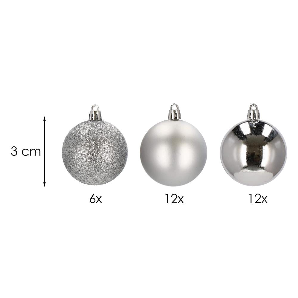 Set globuri de Craciun, 30 bucati, 3 modele, 3cm, argintiu