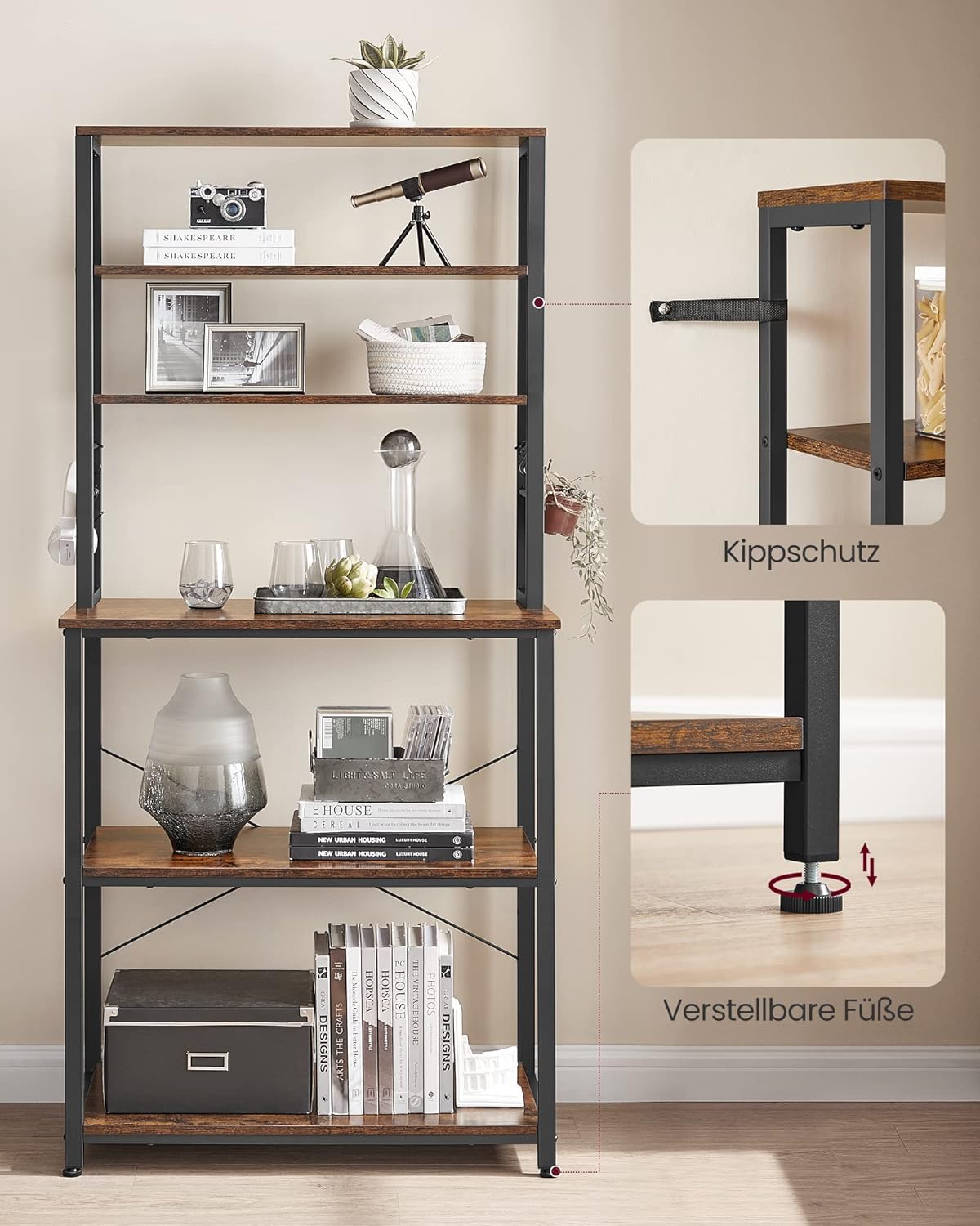 VASAGLE Raft de bucatarie cu spatiu pentru cuptorul cu microunde, 6 rafturi, otel, industrial, 40x80x167cm, maro retro si negru