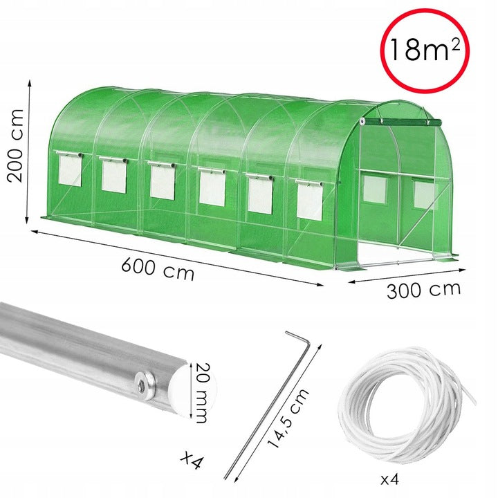 Sera de gradina, tip tunel cu cadru metalic, 300x600cm, 13 ferestre, verde, 18 mp