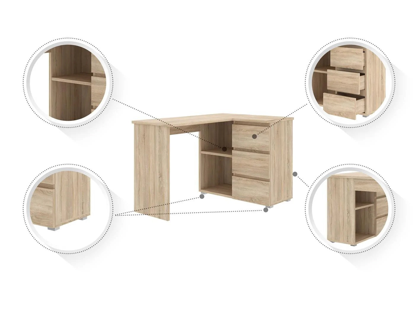 Birou colt Norge cu 3 sertare si 2 rafturi, 124x89x75 cm, stejar - 9