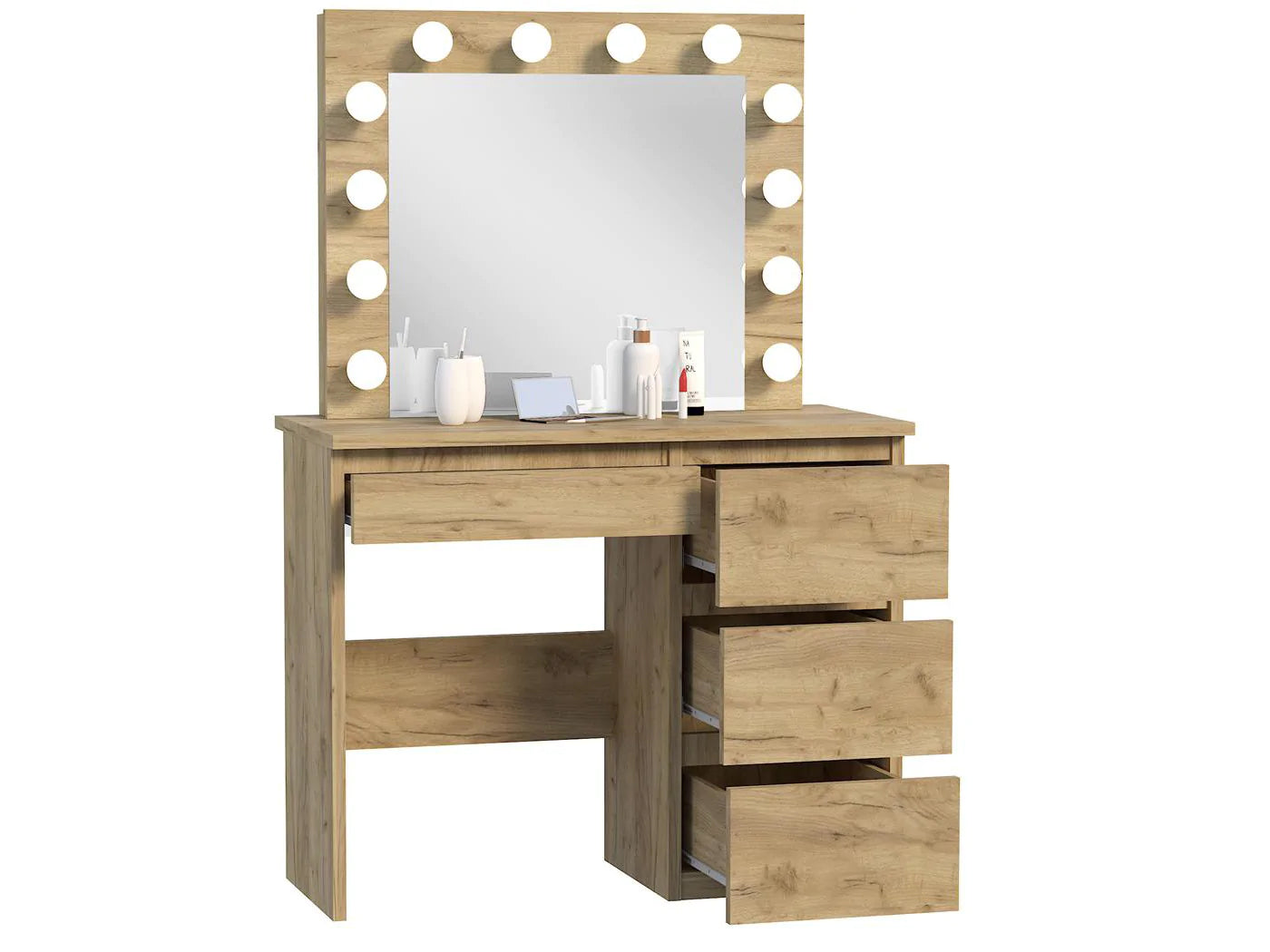 Masa de toaleta si machiaj Hollywood cu oglinda LED si 4 sertare, 94x43x140 cm, craft - 10