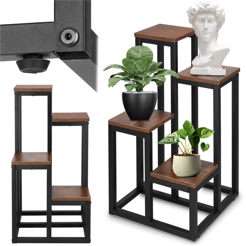 Stand pentru flori, cadru metalic, 4 etajere, 34x34x68 cm, maro inchis