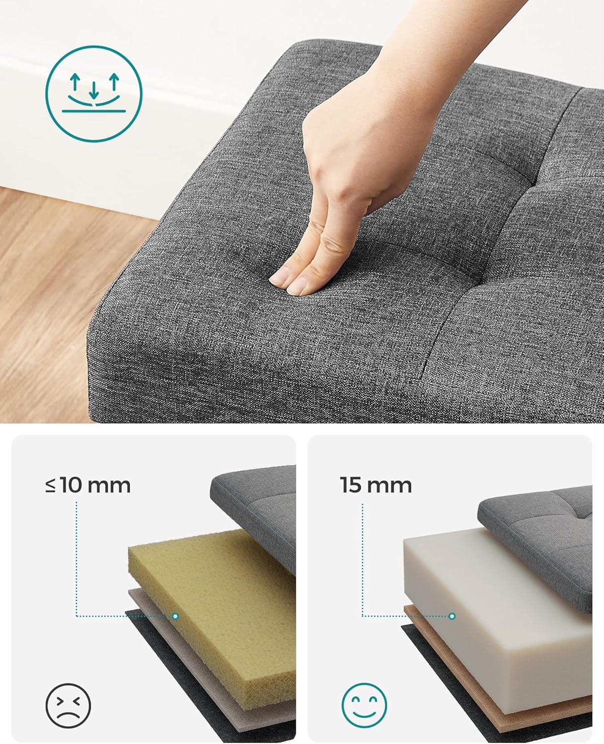 SONGMICS Taburet pliabil 30x30x30 cm, cu spatiu de depozitare, capac tapitat, MDF si imitatie in, gri