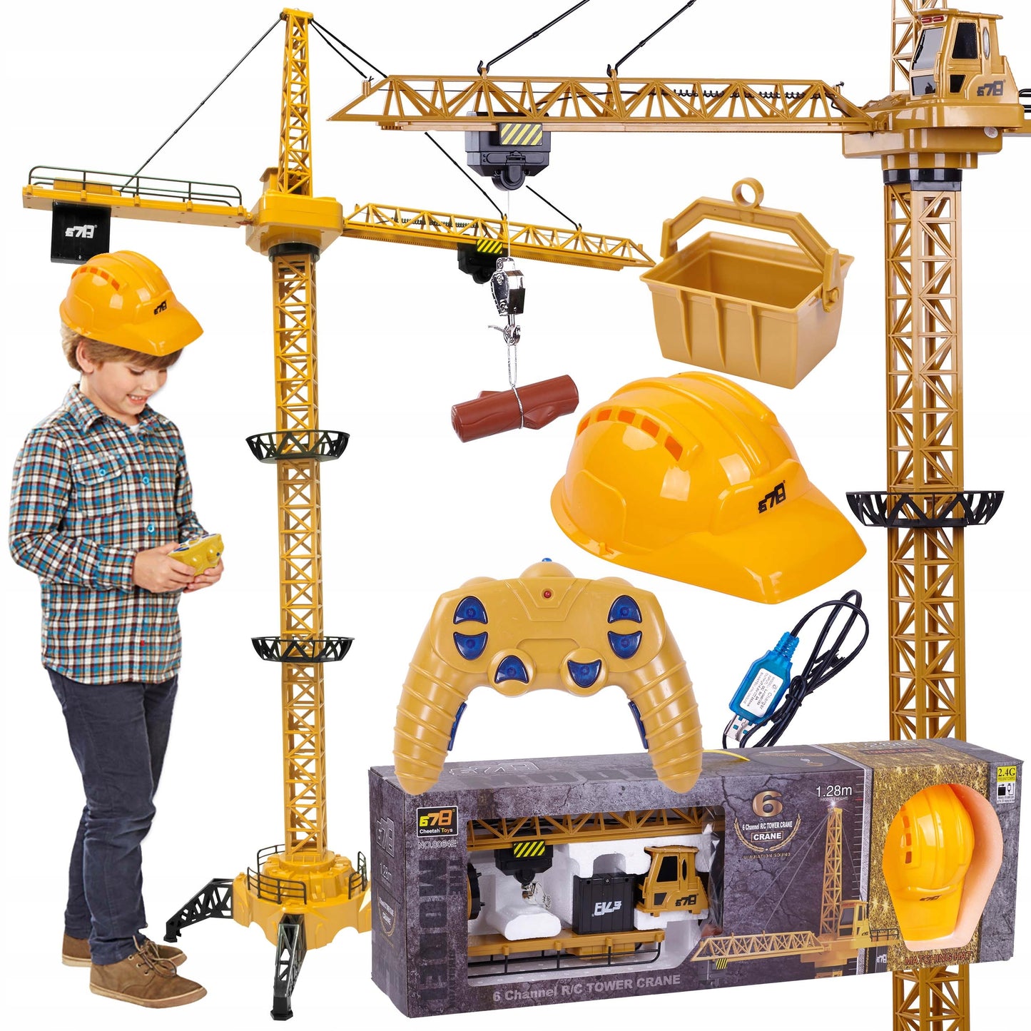 Macara construction RC pentru copii, 128 cm, cu lumini, sunete si accesorii incluse