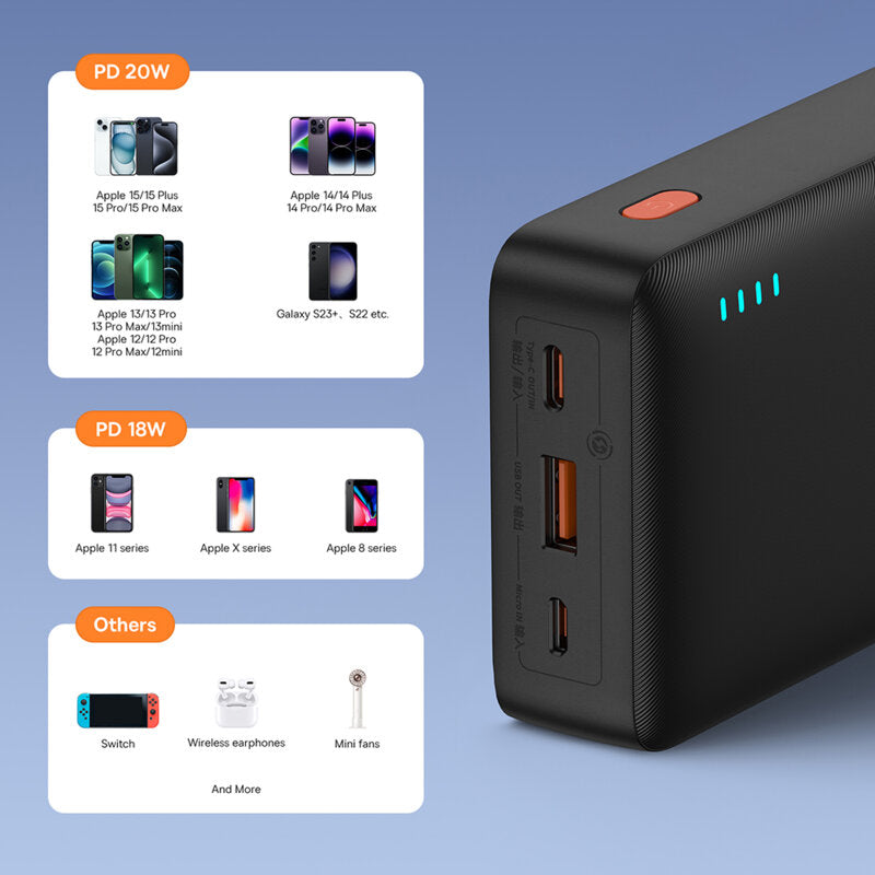 POWER BANK Baseus Airpow, 20000mAh, 20W, 1 x USB; 1 x USB Type-C input/output, total 3A, include cablu USB la USB Type-C de 50cm, negru, "P10022804113-00" - 6932172648718