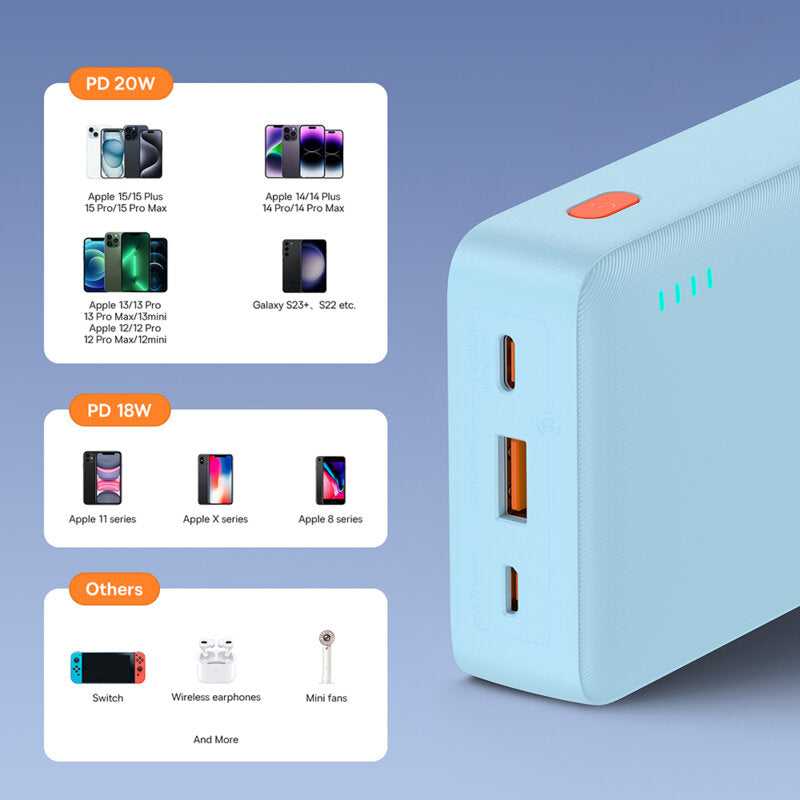 POWER BANK Baseus Airpow, 20000mAh, 20W, 1 x USB; 1 x USB Type-C input/output, total 3A, include cablu USB la USB Type-C de 50cm, albastru, "P10022804313-00" - 6932172648695