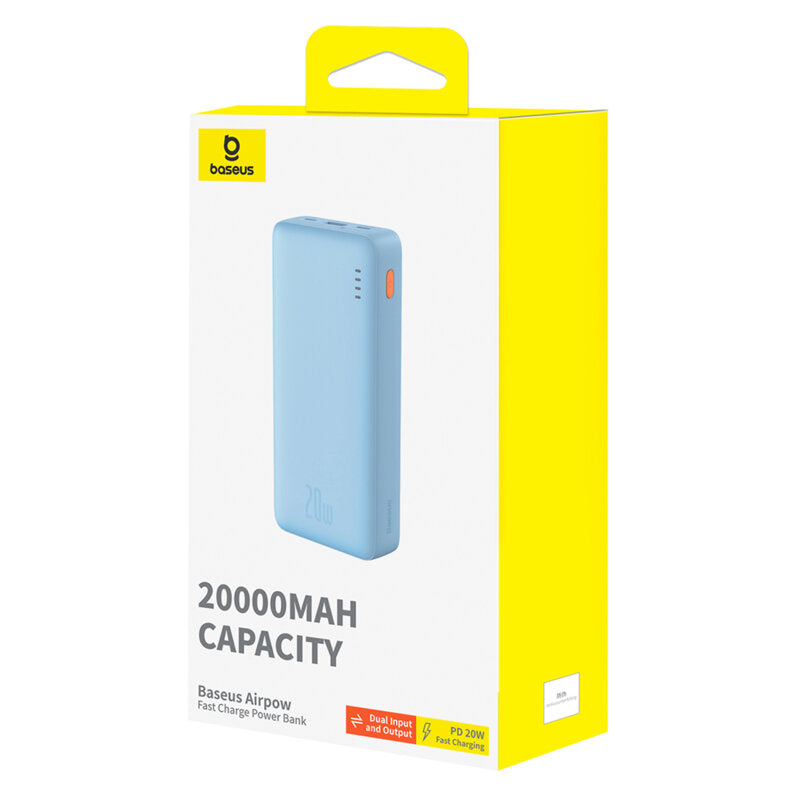 POWER BANK Baseus Airpow, 20000mAh, 20W, 1 x USB; 1 x USB Type-C input/output, total 3A, include cablu USB la USB Type-C de 50cm, albastru, "P10022804313-00" - 6932172648695