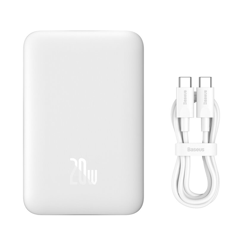 POWER BANK Baseus Magnetic Mini Wireless, 10000mAh, 20W, 2 x USB Type-C output/input, 15W wireless charging, include cablu USB Type-C la USB Type-C 30cm, alb, "PPCX070002" - 6932172620639