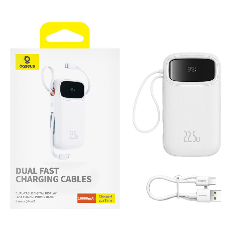 POWER BANK Baseus Qpow2 Dual-Cable, 10000mAh, PD 3.0 + QC 3.0 22.5W, 1 x USB; 1 x Iphone Lightning; 2 x USB Type-C, digital display pt. status baterie, total 2.4A, alb, "P10055003223-00" - 6932172636289