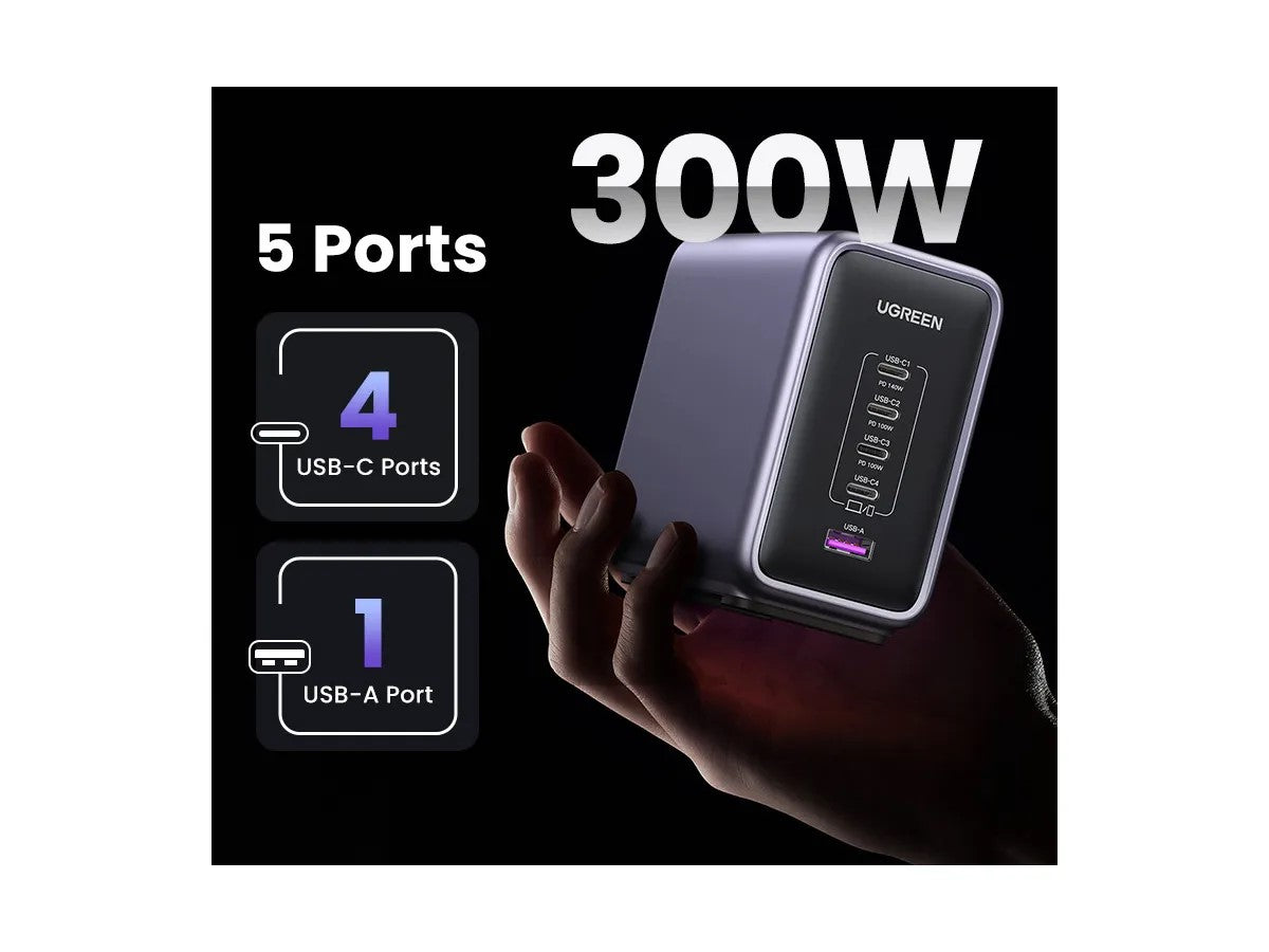 INCARCATOR RETEA UGREEN, "CD333" 300W GaN Nexode Desktop Charger PD3.1, 4 x USB Type-C, 1 x USB, lungime cablu 2m, gri "90903B" (include timbru verde 2 lei)