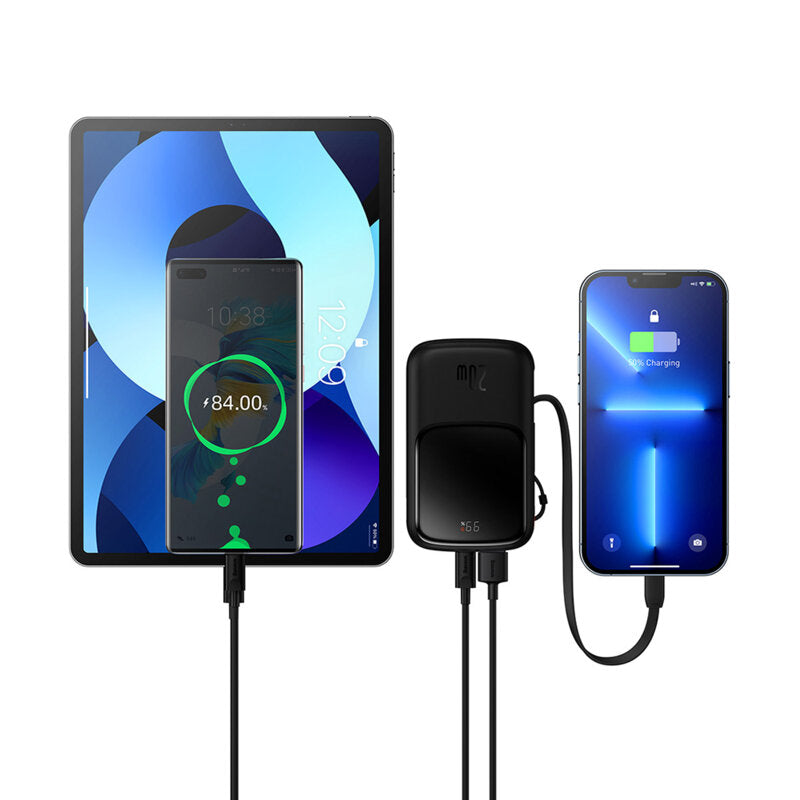 POWER BANK Baseus Qpow Pro Digital Display, 20000mAh, 20W, 1 x cablu integrat Iphone Lightning output, 1 x USB, 1 x USB Type-C, negru, "PPQD040001" - 6932172619671