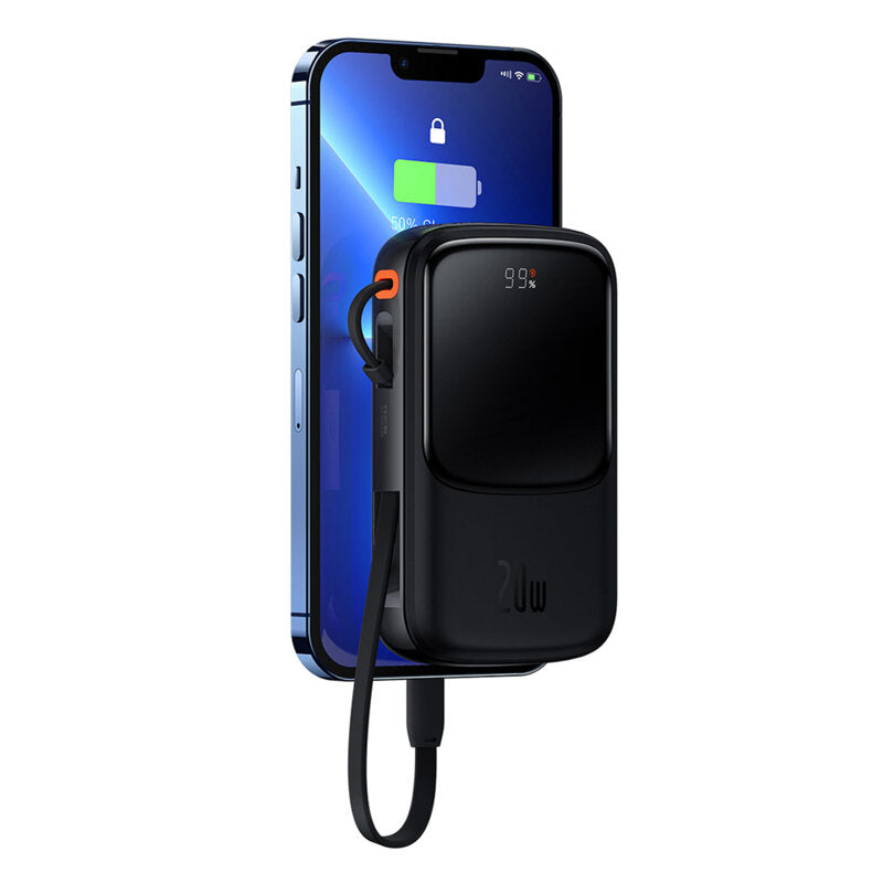 POWER BANK Baseus Qpow Pro Digital Display, 20000mAh, 20W, 1 x cablu integrat Iphone Lightning output, 1 x USB, 1 x USB Type-C, negru, "PPQD040001" - 6932172619671