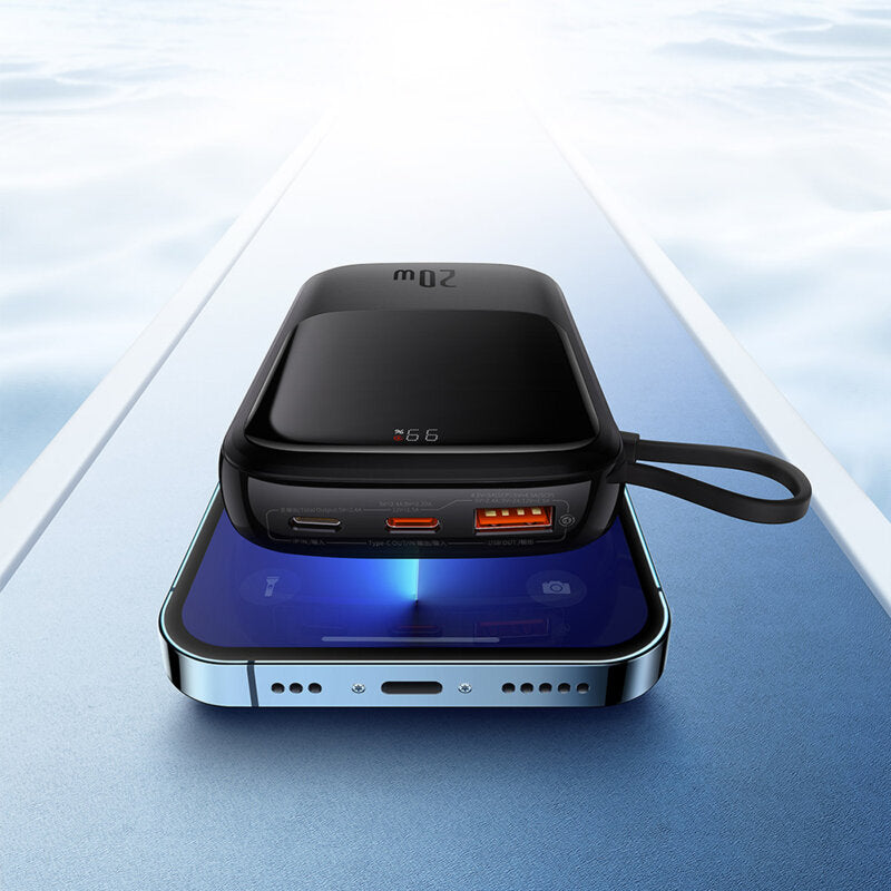 POWER BANK Baseus Qpow Pro Digital Display, 20000mAh, 20W, 1 x cablu integrat Iphone Lightning output, 1 x USB, 1 x USB Type-C, negru, "PPQD040001" - 6932172619671