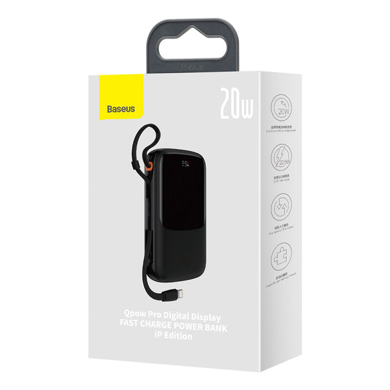 POWER BANK Baseus Qpow Pro Digital Display, 20000mAh, 20W, 1 x cablu integrat Iphone Lightning output, 1 x USB, 1 x USB Type-C, negru, "PPQD040001" - 6932172619671