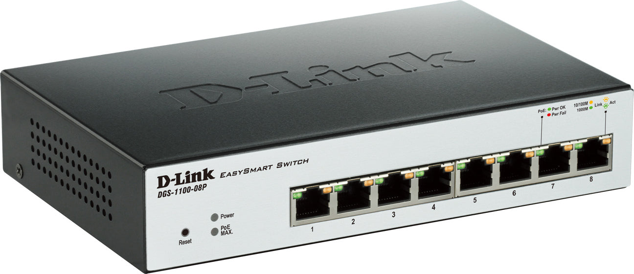 SWITCH PoE D-LINK Smart 8 porturi Gigabit (8 PoE) + 2 porturi SFP, IEEE 802.3af/at, carcasa metalica, rackabil, "DGS-1210-08P"