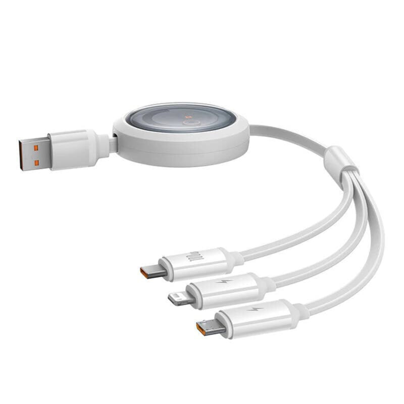 CABLU alimentare si date Baseus Free2Draw, Fast Charging Data Cable pt. smartphone, retractabil, USB la Micro-USB+Lightning + USB Type-C 100W, 1.1m, alb "P10368700211-02" - 6932172656409