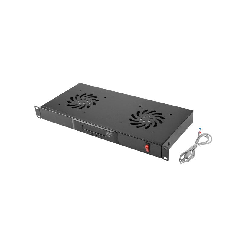 Unitate cu 2 ventilatoare, 1U, termostat digital, senzor temp, temporizator, display LED, negru, cablu alimentare 1,5m - Dateup 