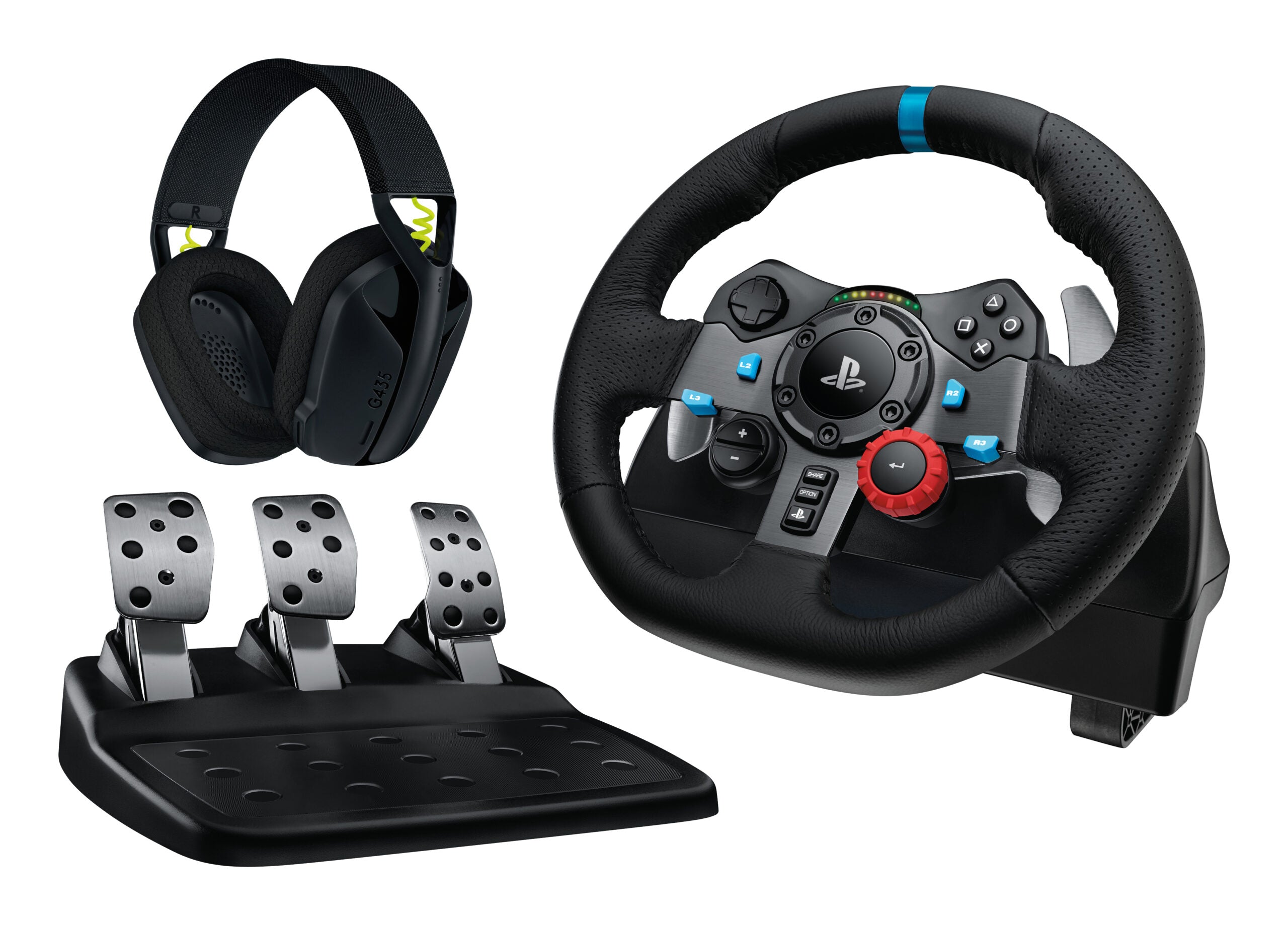 LOGITECH G29 EU + G435 Black Gaming Controller Aluminium Black USB Steering wheel + pedals + headset PC "991-000539"