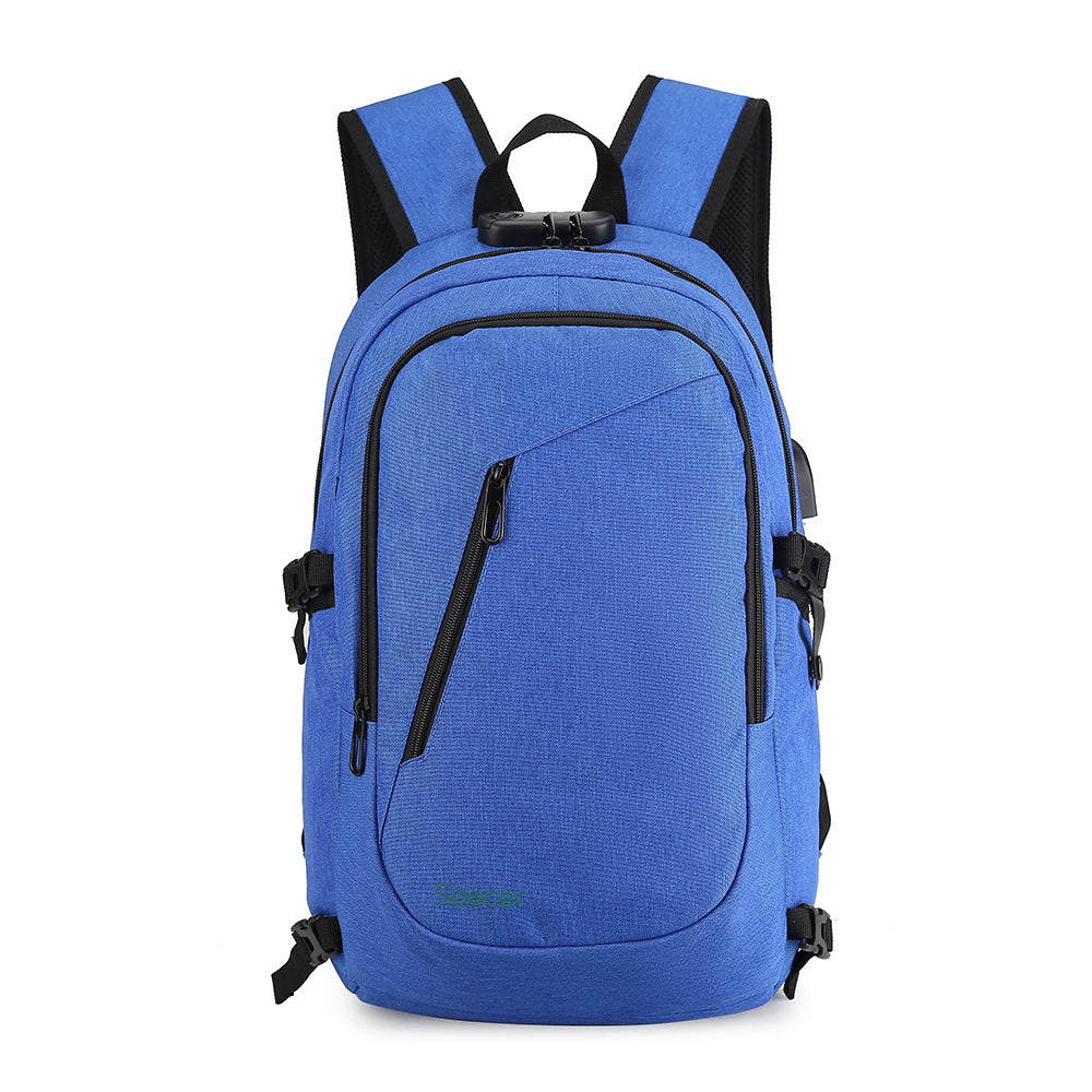 RUCSAC SPACER, pt. notebook de max. 15.6", 2 compartimente, buzunar frontal, buzunar lateral x 2, blocare fermoar, USB 2.0 (M)(pt. acces la Power Bank), Jack 3.5 mm (pt. acces la casti), waterproof, poliester, albastru, "Duke", "SPBP-DUKE-BL"