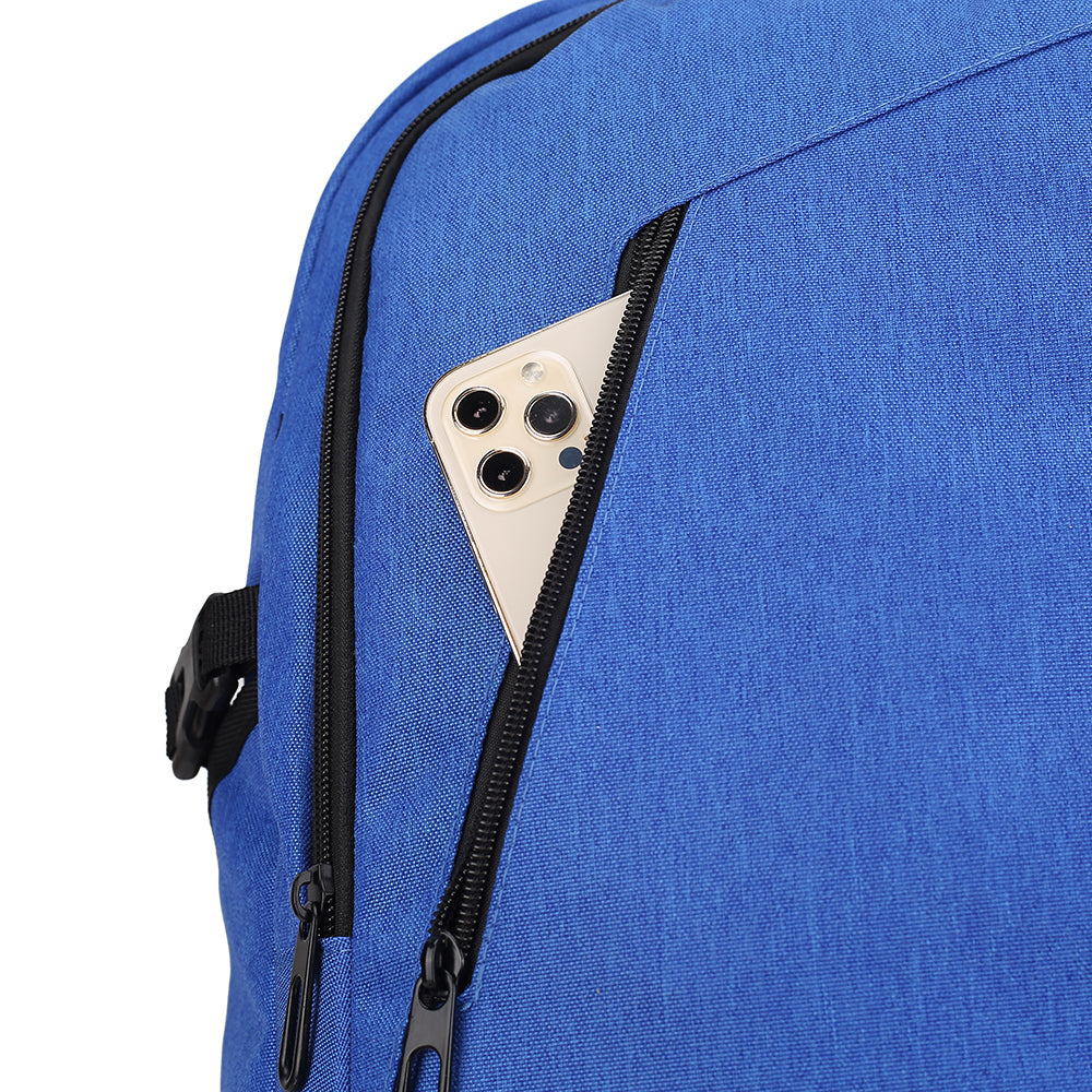 RUCSAC SPACER, pt. notebook de max. 15.6", 2 compartimente, buzunar frontal, buzunar lateral x 2, blocare fermoar, USB 2.0 (M)(pt. acces la Power Bank), Jack 3.5 mm (pt. acces la casti), waterproof, poliester, albastru, "Duke", "SPBP-DUKE-BL"