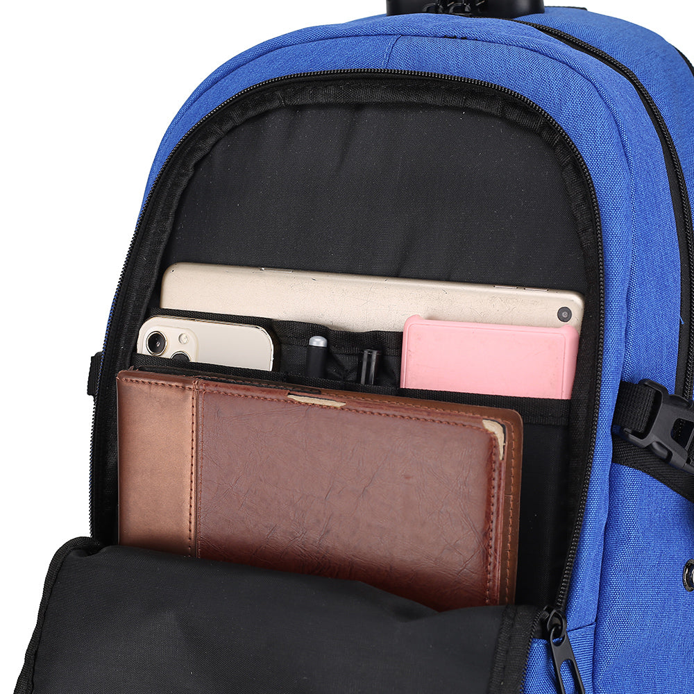 RUCSAC SPACER, pt. notebook de max. 15.6", 2 compartimente, buzunar frontal, buzunar lateral x 2, blocare fermoar, USB 2.0 (M)(pt. acces la Power Bank), Jack 3.5 mm (pt. acces la casti), waterproof, poliester, albastru, "Duke", "SPBP-DUKE-BL"