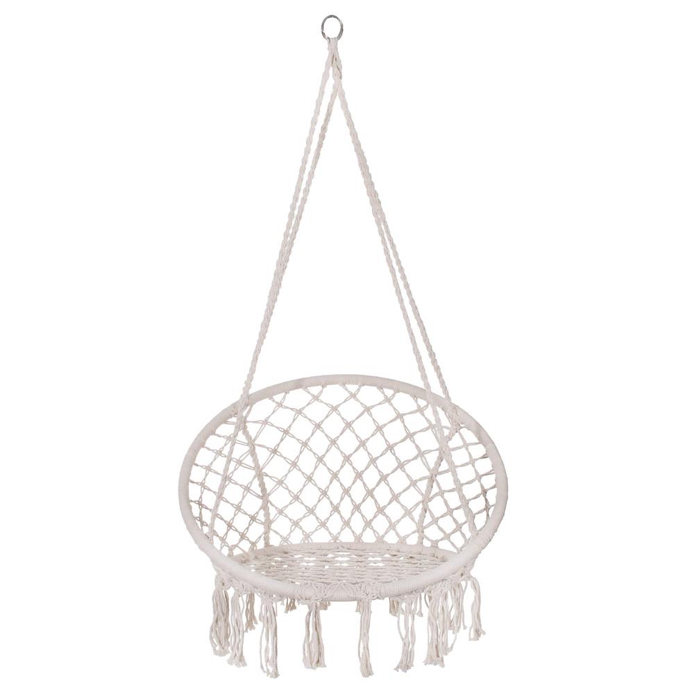 Scaun rotund tip leagan suspendat pentru casa sau gradina, cu franjuri, 150kg, bej