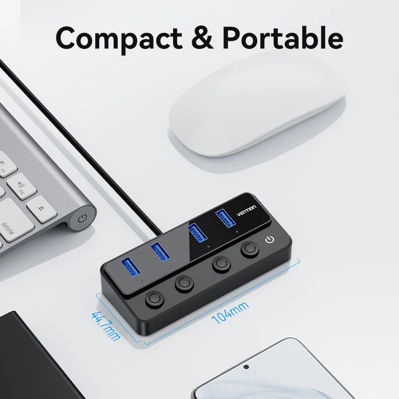 HUB USB Vention, 5-in-1, USB 3.0 x 4 porturi, incarcare prin USB Type-C, viteza 5 Gbps, Cablu 1m, conectare prin USB 3.0, intrerupatoare individuale, negru, 