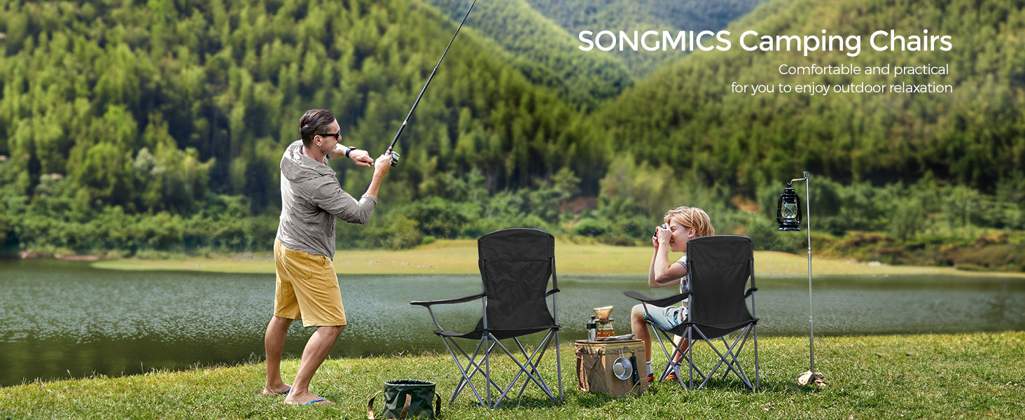 SONGMICS Set 2 scaune pliabile de camping sau pescuit, suport pahar, maxim 150kg, negru