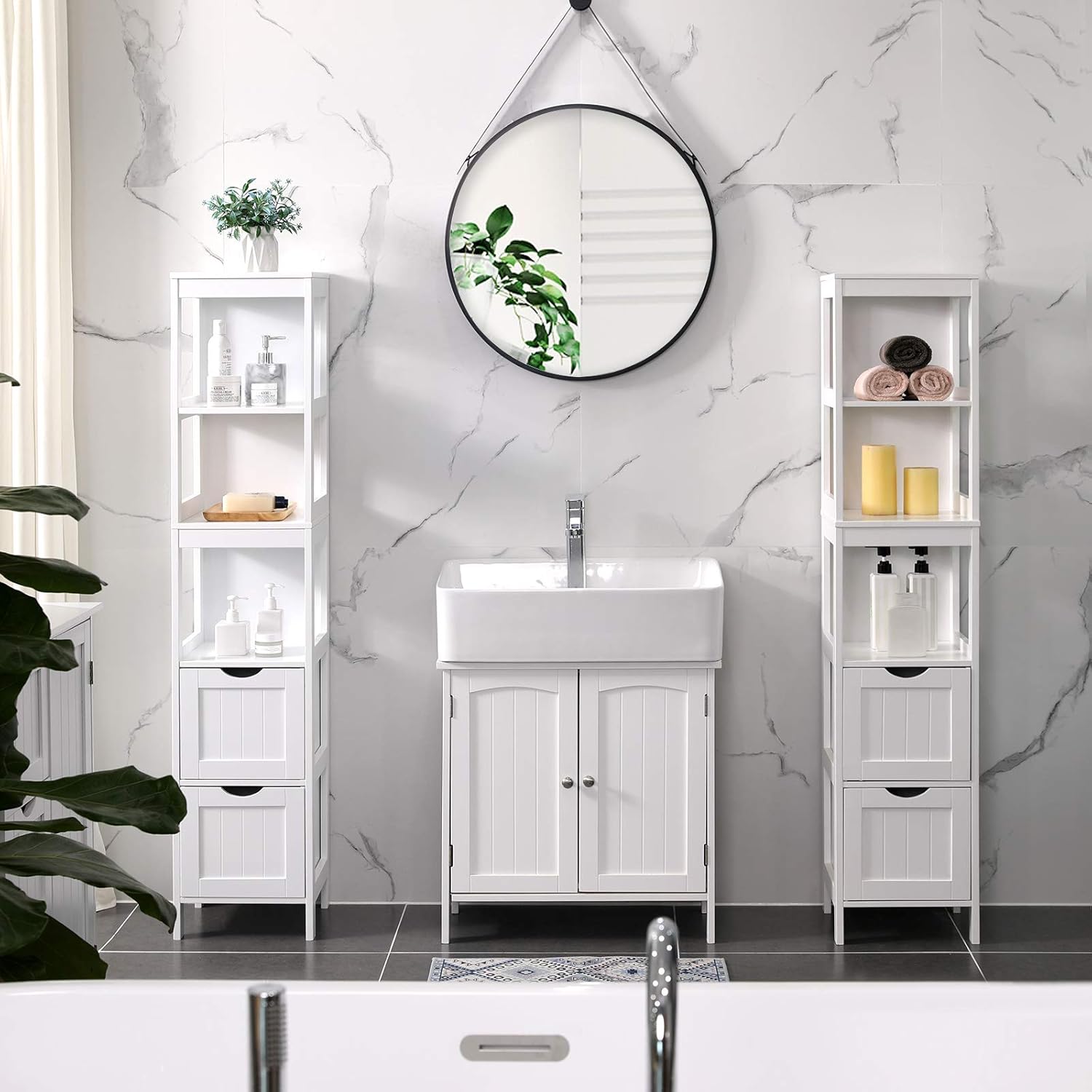 VASAGLE Dulap de baie tip coloana, din MDF, cu 2 sertare si 3 rafturi, 30x30x142 cm, alb