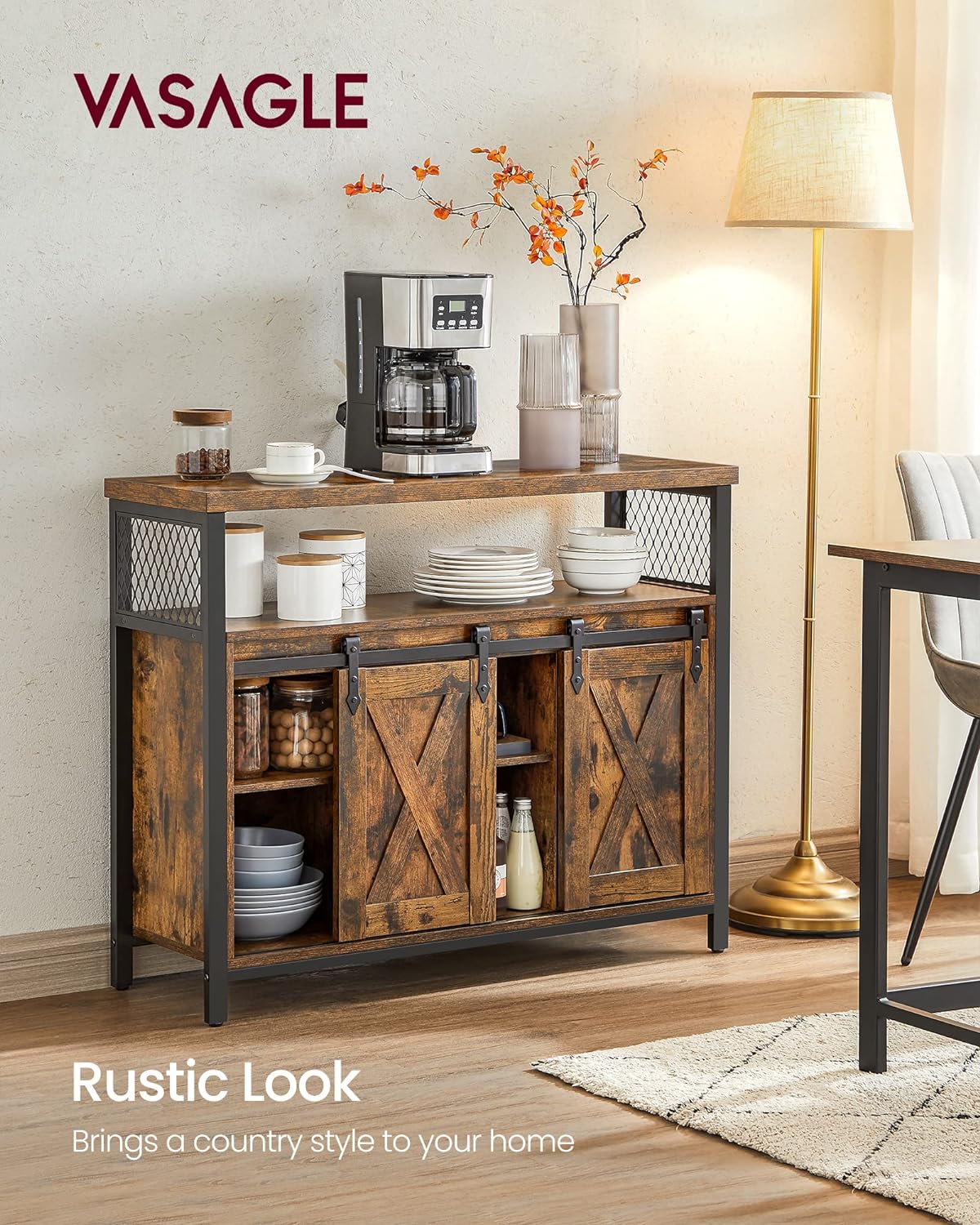Comoda pentru living sau bucatarie, cu 2 usi glisante, rafturi reglabile, stil rustic, 33x100x80cm, maro si negru