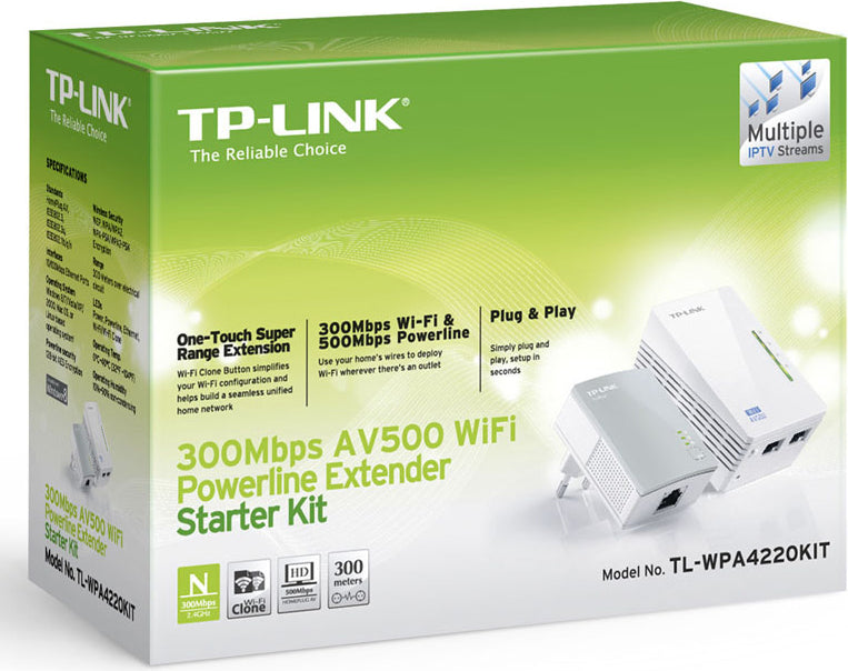 KIT ADAPTOR POWERLINE TP-LINK tehnologie AV, AV600, pana la 300Mbps, 2 porturi 10/100Mbps, wireless 300Mbps, compus din TL-WPA4220 &amp; TL-PA4010 "TL-WPA4220KIT"