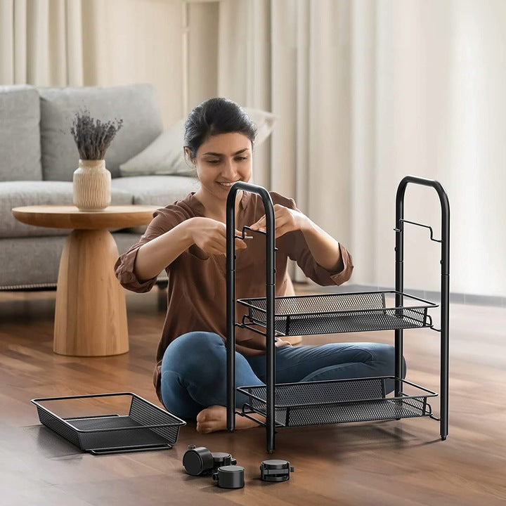 Raft metalic mobil tip carucior pentru bucatarie, 3 polite si 4 agatatori, negru, 44x26x64cm