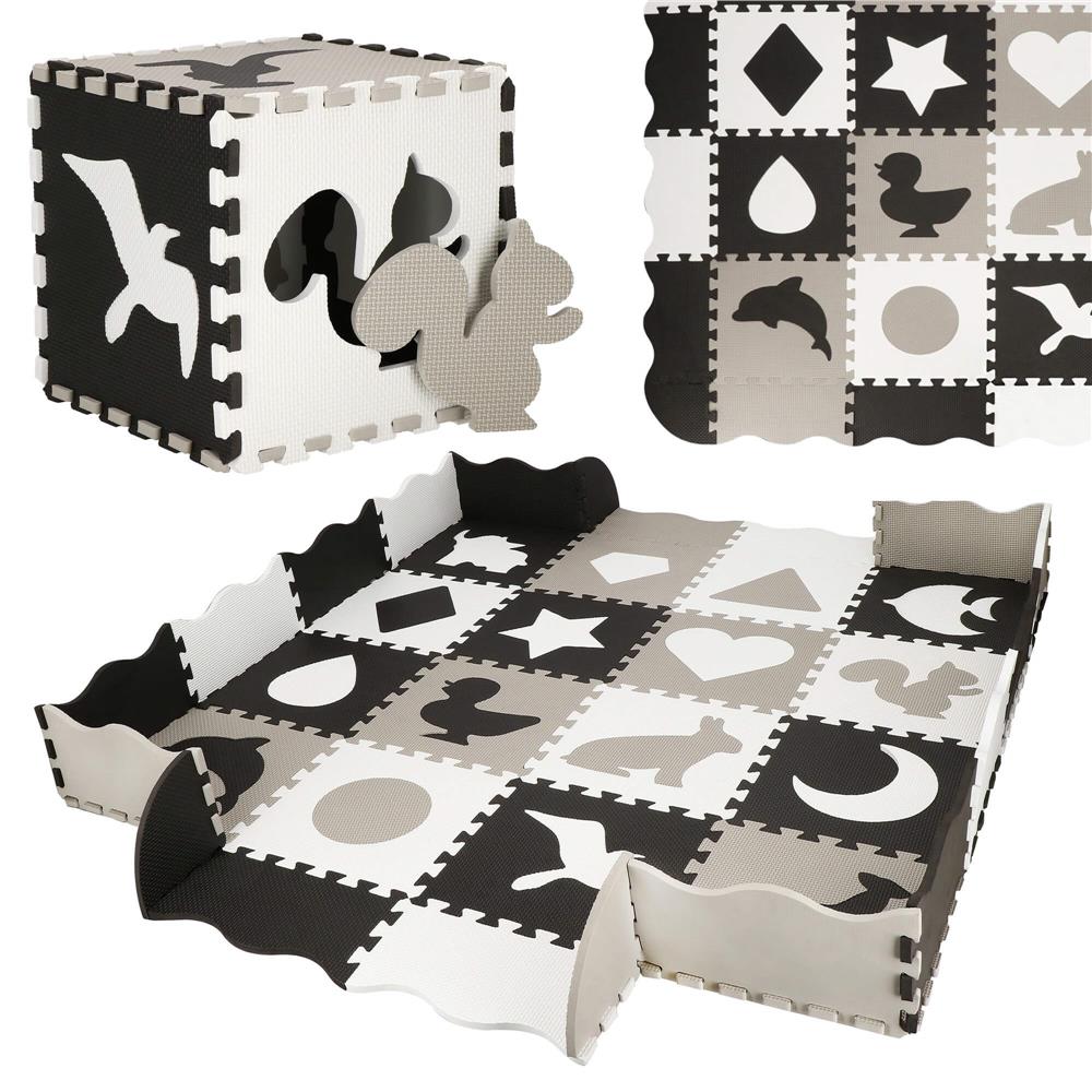Covor din spuma pentru copii, tip puzzle animale, 52 piese, termoizolant, 150x150 cm, gri negru
