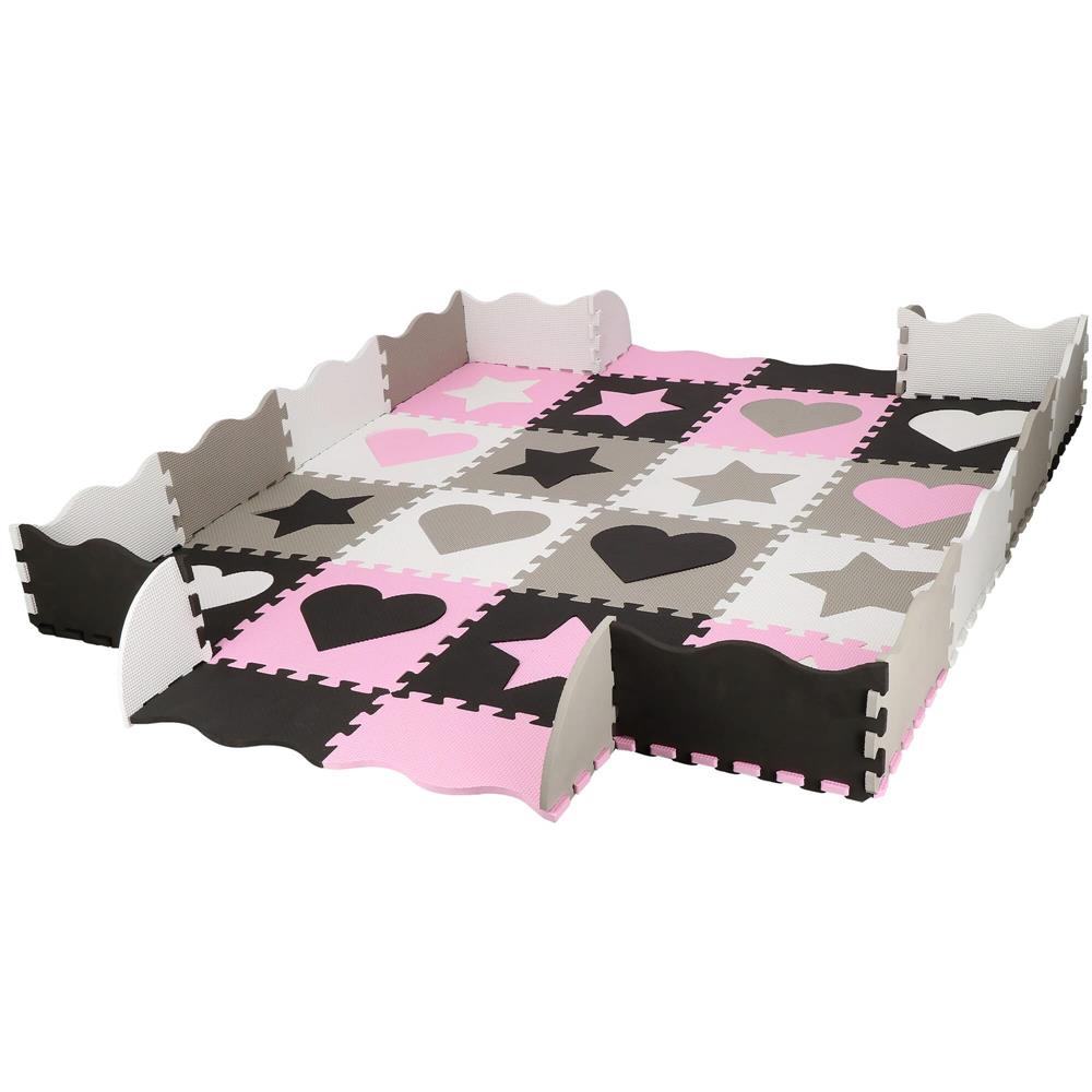 Covor din spuma pentru copii, tip puzzle forme, 52 piese, termoizolant, 150x150 cm, gri roz