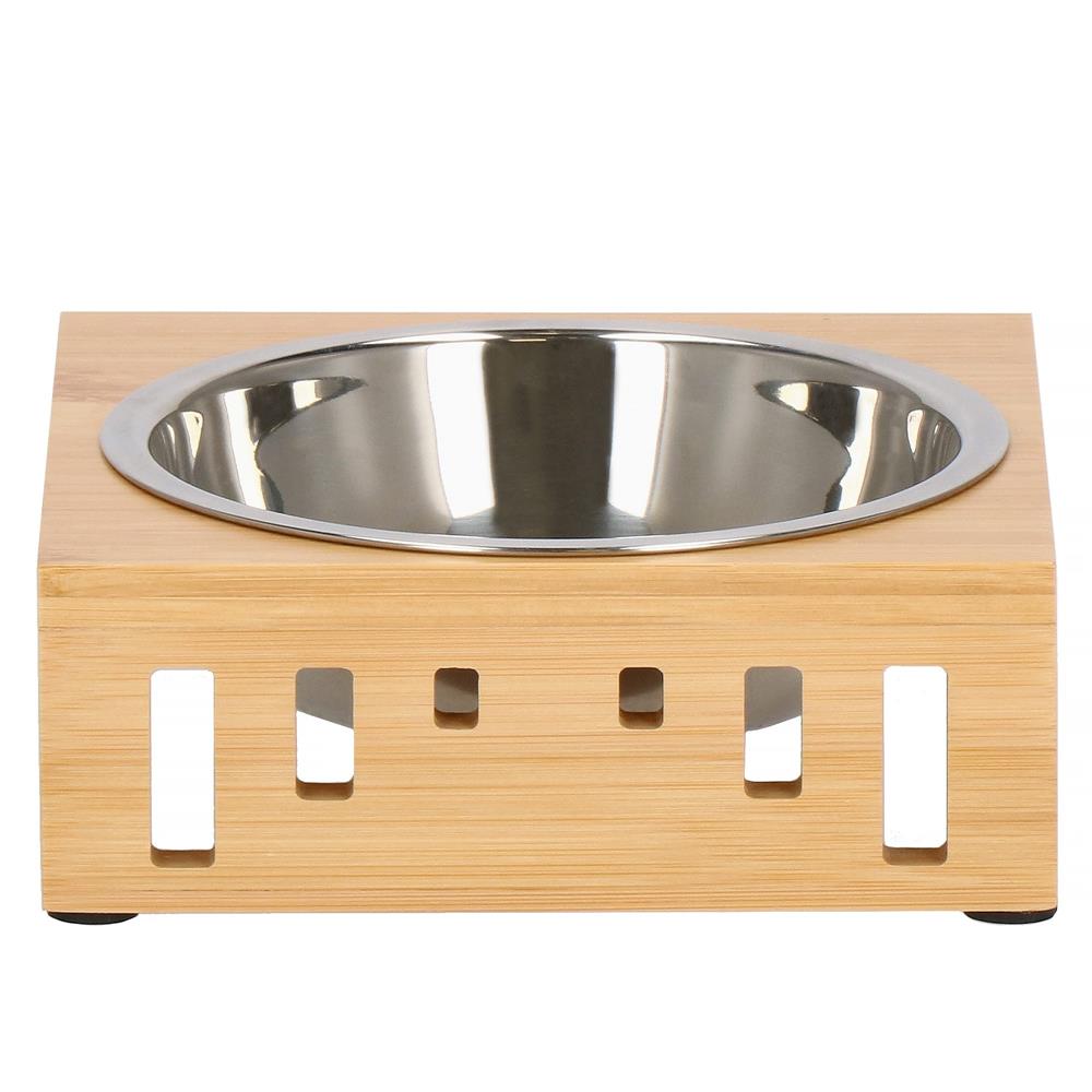 Castron inox, bol, pentru caine sau pisica, cu suport din bambus, 15cm