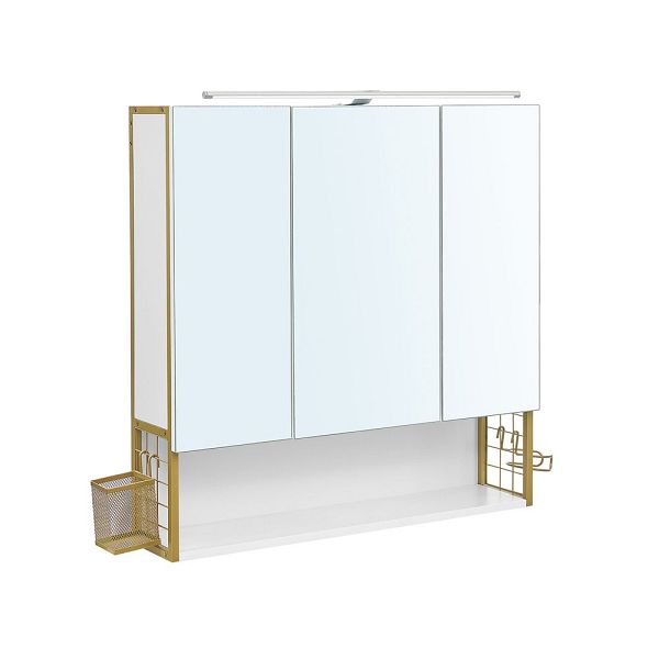 VASAGLE Dulap de baie de perete, 3 usi cu oglinda, compartiment deschis, 15x70x70 cm, alb auriu